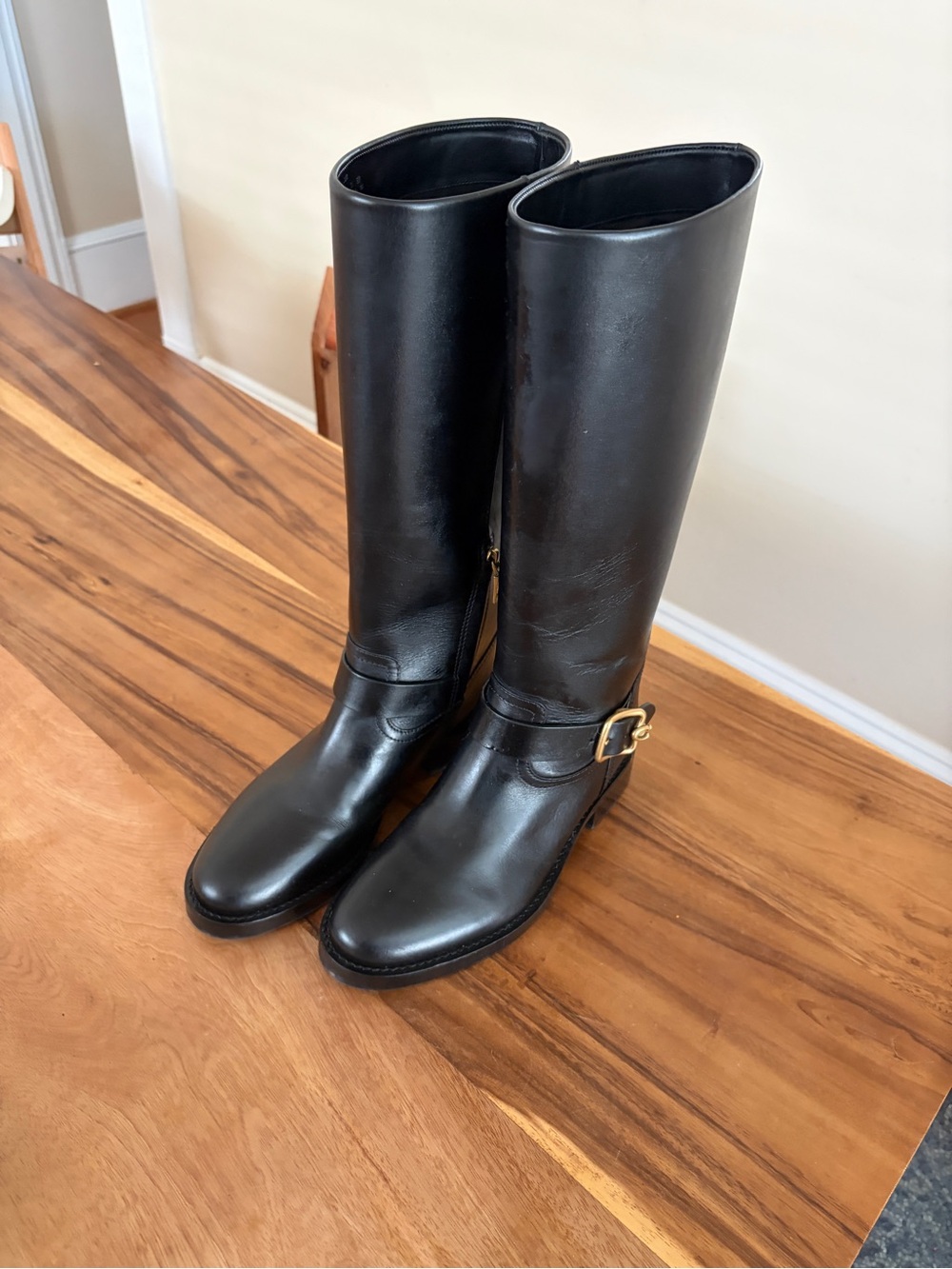 Coach Black Leather Tall Riding Boots with Gold Buckle